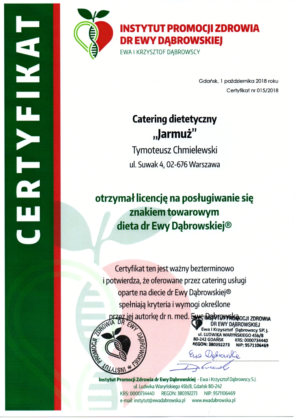 Certyfikat - Dieta dr Ewy Dąbrowskiej